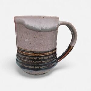 C.C. Pottery Hand Thrown Studio Pottery Mug Grey Brown Carved Geometric Base
